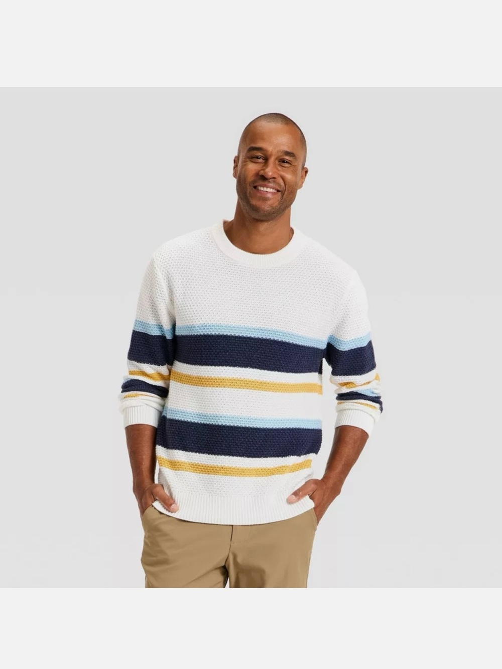 Goodfellow & Co White Crewneck Sweater with Navy, Light Blue & Mustard Stripes